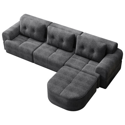 Modulaire avec méridienne, tissu tissé, gris foncé, 3 sièges pour une vie confortable dans la zone principale pour recevoir des invités