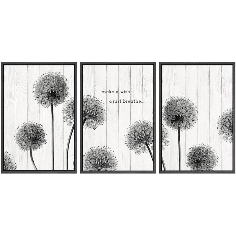 Panneau de bois style fleurs de pissenlit foncé, impression sur toile, 3 pièces, Noir, H 24 po x l 48 po x P 1,5 po