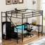 Lit mezzanine double avec bureau en forme de L, lumières à DEL et garde-corps - Sommeil protégé en métal noir