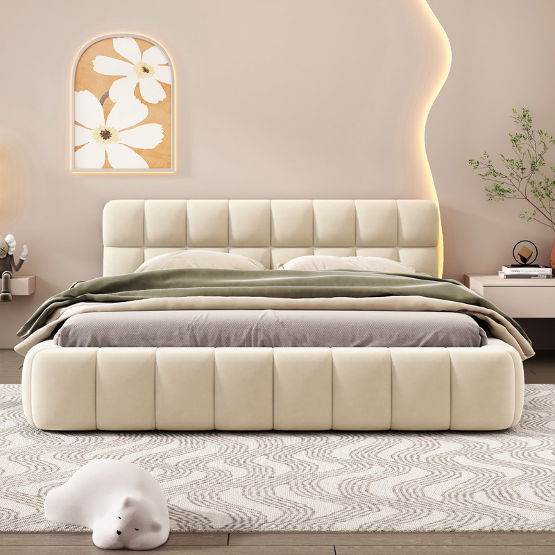 Grand lit plateforme tapissier avec tissu épais, Beige