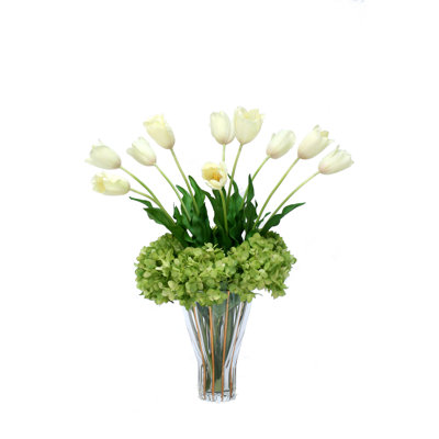 Tulip and Hydrangea Mixed Centerpiece in Planter