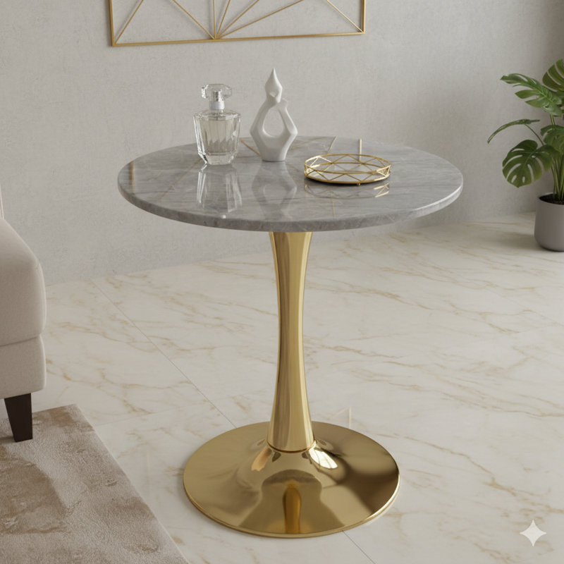 Table basse dorée de 27,6 pouces de style Mid-Century moderne pouvant accueillir de 2 à 4 personnes, dotée d'un plateau rond en marbre texturé gris clair, polyvalente pour divers espaces