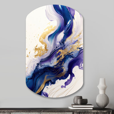 «Blue and Gold Splash Paint IV - Abstract Spirals Cylinder», art mural en métal pour le salon, impression asymétrique bleue sur métal