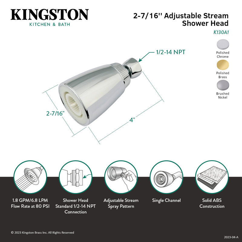 Pomme de douche ronde en ABS 2-3 / 8 pouces Kingston, Laiton poli
