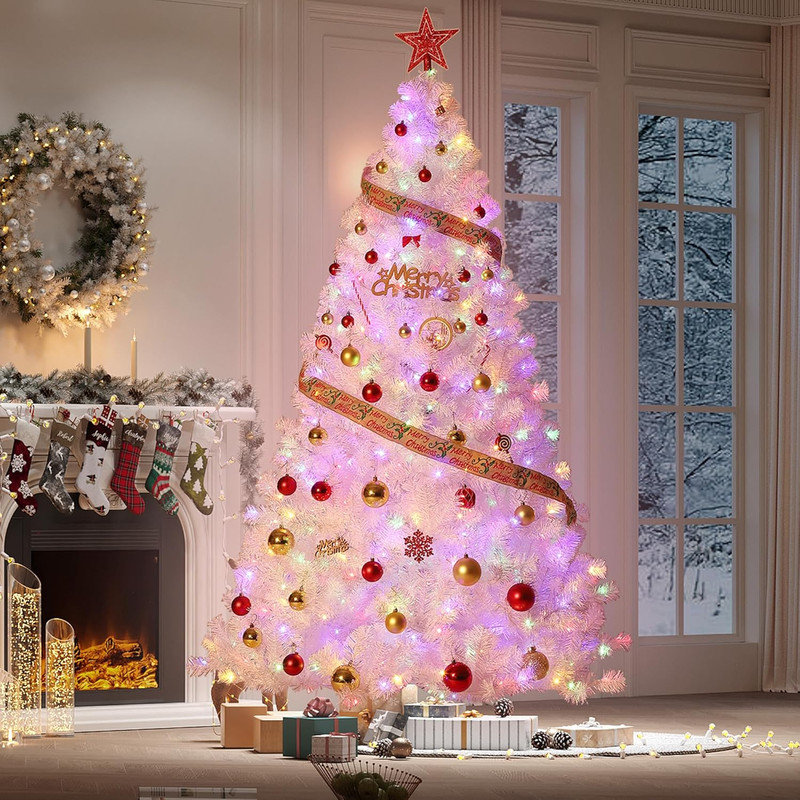 Arbre de Noël blanc 4,5 / 6 / 7,5 / 9 pi avec lumières DEL blanc chaud et base, 6'