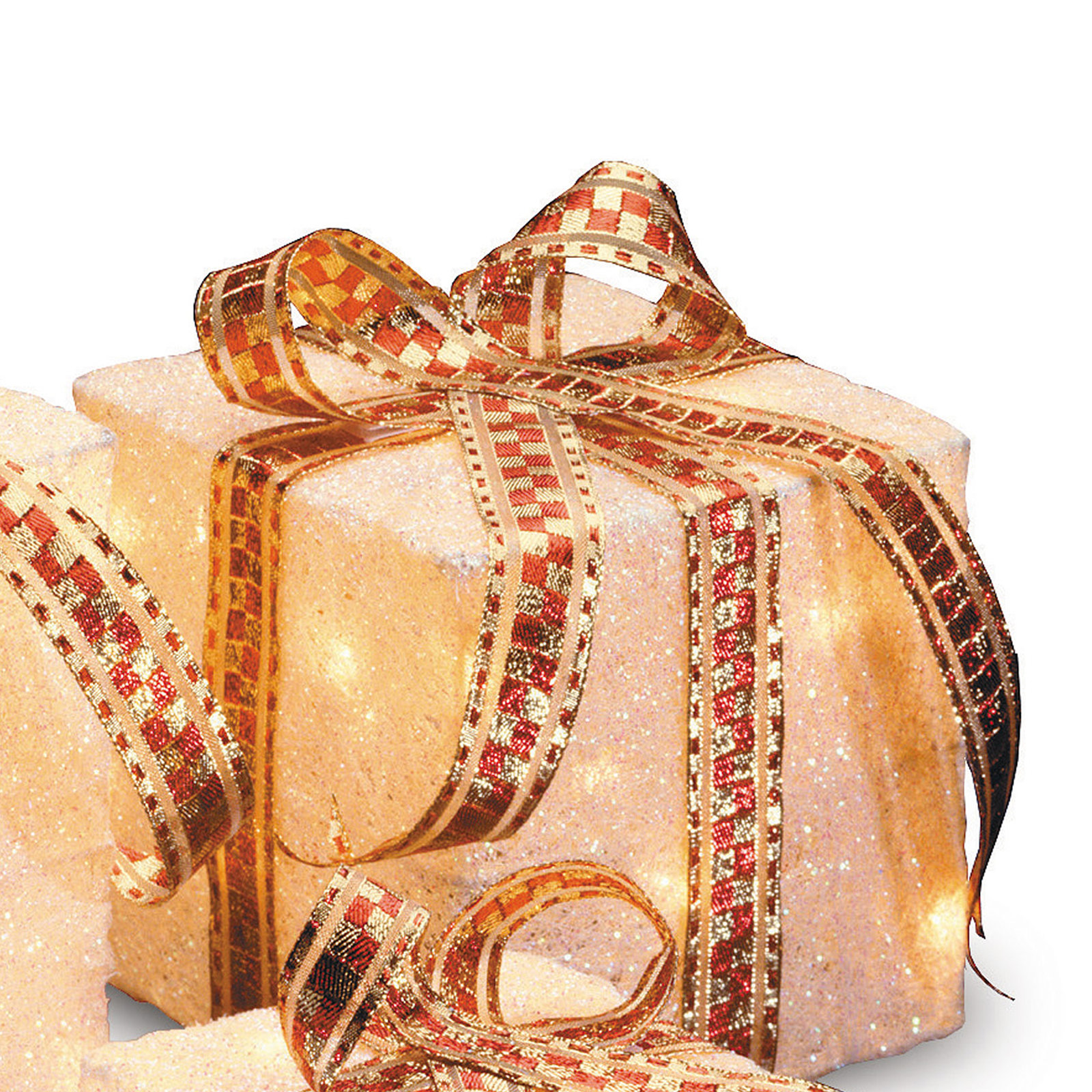 Pre-Lit Sisal Gift Box Set, White with Gold Bows, 10.6" H x 10" W x 10" D