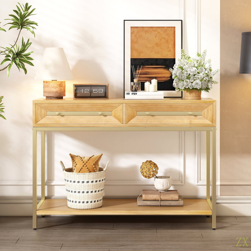 Entryway Table, Console Table With Two Drawers, Retro Hallway Table With Striking Geometric Design For Entryway And Living Room
