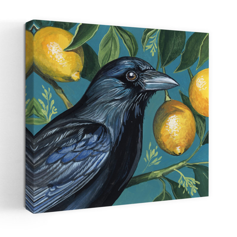 Corbeau avec fond de citron, art contemporain, H 48 po x l 48 po