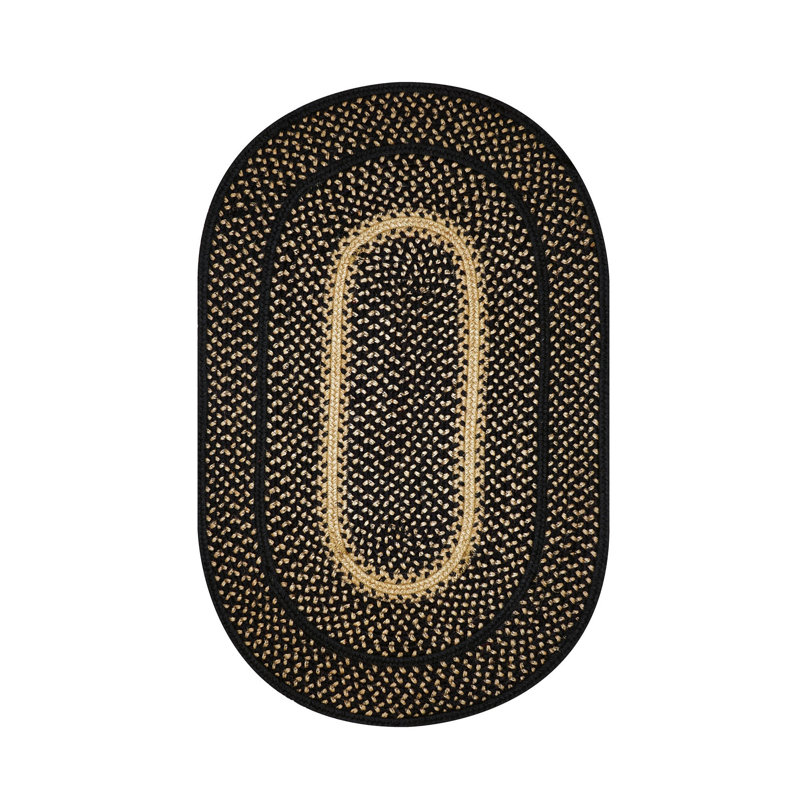 Tapis noir / brun clair en jute tressé réversible à motif primitif Cynthy, Ovale 4 pi x 6 pi