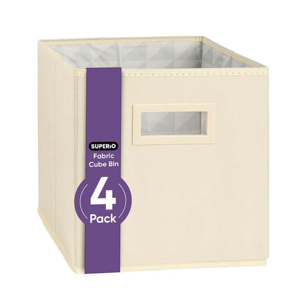 Collapsible Fabric Organizing Bin, Foldable Space Saver Storage Solution, Pack of 4, by Superio, Beige