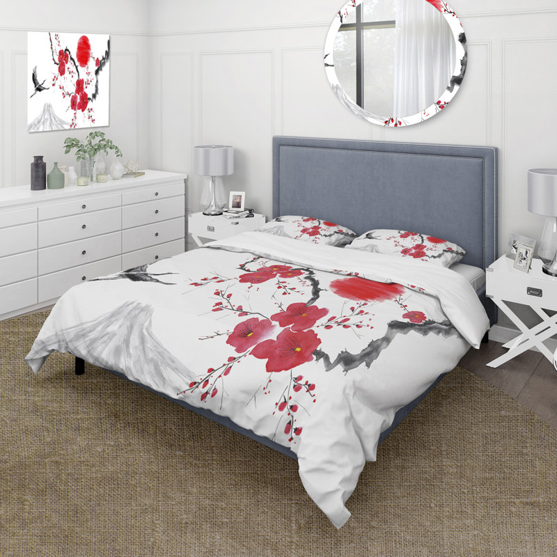 Fleurs de prunier roses et rouges II - ensemble de housse de couette traditionnel - microfibre de polyester