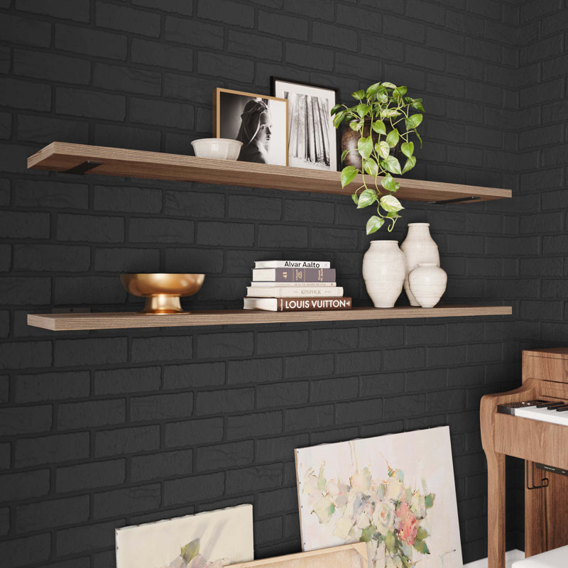 Bibliothèque flottante de 60 po de long pour le salon, tablettes suspendues pour le mur, décor rustique et bohème, tablettes en bois, 10 po de profondeur, 2 pièces, brûlé