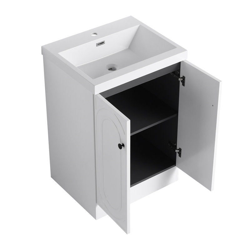 Meuble-lavabo autoportant 24 po avec lavabo en résine blanche et 2 portes d'armoire à fermeture en douceur, Blanc