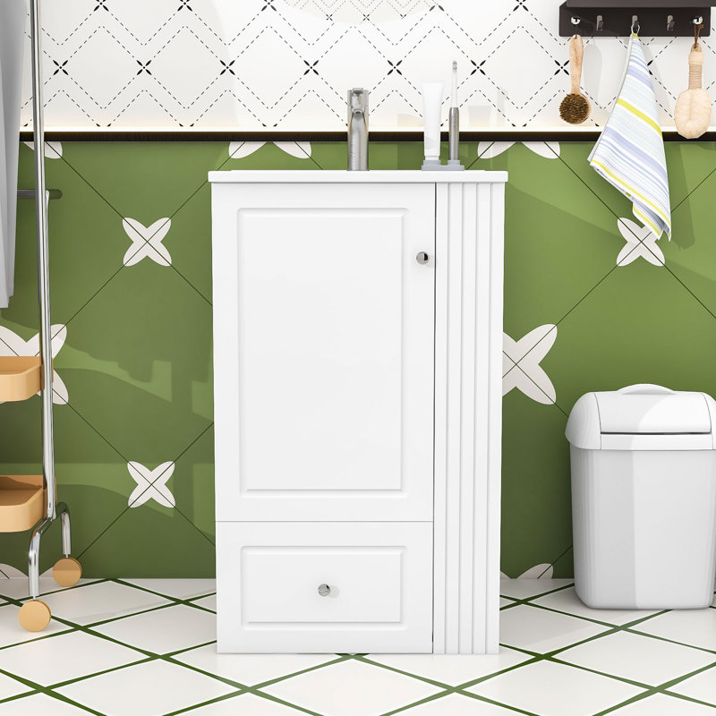 Meuble-lavabo autoportant compact avec lavabo, tiroir et tablettes ouvertes, Vert