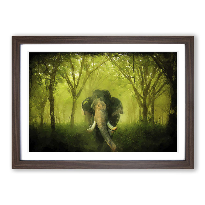 Marvellous Elephant in a Green Forest in Abstract - Picture Frame Painting Print, 40cm H x 60cm W x 2cm D, Walnut