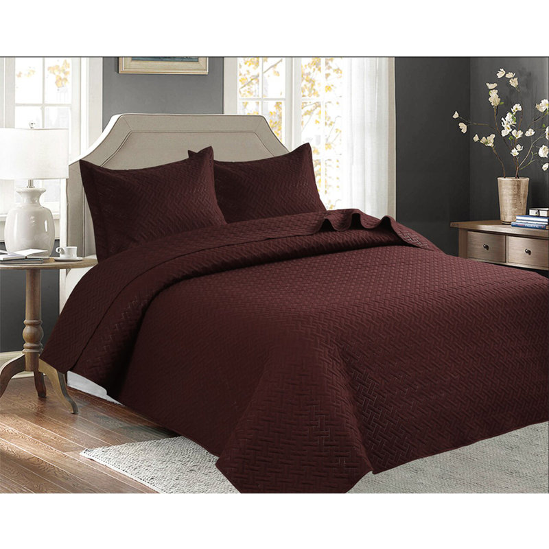 Ensemble de couvre-lit réversible à piqûre Pinsonic Siyana, Couvre-lit de grande taille et 2 taies décorative, Brun