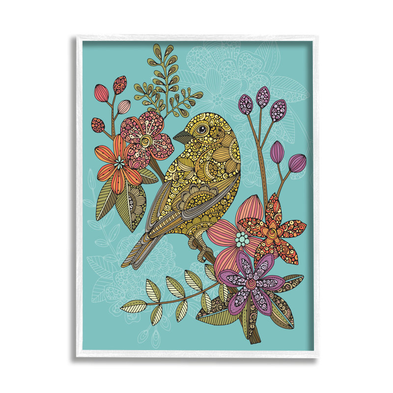 Finch perché, branche de fleur, motifs complexes par Valentina Harper - cadre flottant, impression sur toile