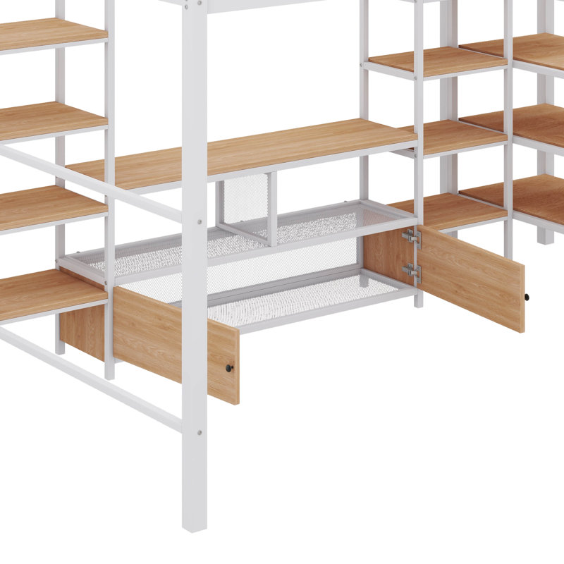 Lit mezzanine spacieux en métal pleine grandeur avec bureau intégré et étagères, Blanc