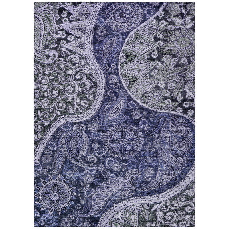 3' X 5' Navy Blue Gray And Green Floral Medallion Washable Indoor Outdoor Area Rug
