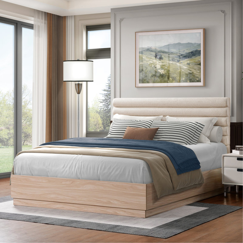 Structure de lit plateforme grand avec revêtement en taupe, bois d'ingénierie, cadre de support de matelas optimal