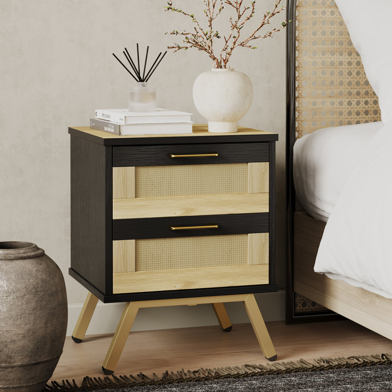 Table de chevet moderne en rotin avec pieds en métal doré Waleed, Individuel