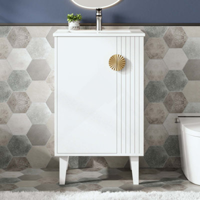 Meuble-lavabo de salle de bain avec lavabo en céramique, ensemble de meuble-lavabo simple autoportant avec porte à fermeture douce, poignées en demi-lune chic, style français