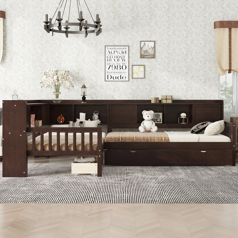 Lit plateforme en L simple avec lit gigogne, Espresso