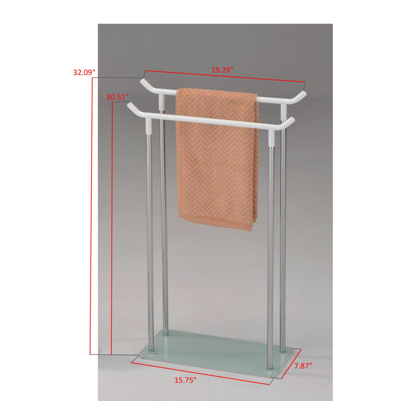 Porte-serviettes de salle de bain autoportant avec deux barres chromées et une tablette en verre trempé pour suspendre des serviettes de bain et des débarbouillettes dans des espaces compacts avec un cadre en métal moderne et élégant pour une organi