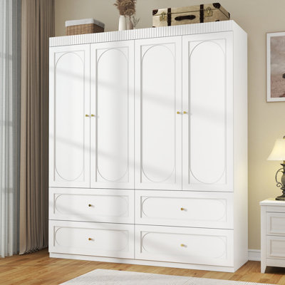 63" Wide White Wardrobe With 4 Doors And 4 Drawers, Freestanding Armoire Closet With Hanging Rods And Shelves