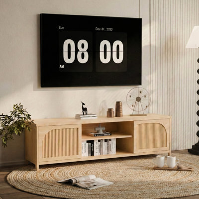 Meuble télé avec tablette ouverte à 2 niveaux et étagères intérieures, grand plateau pour ranger produits de beauté et serviettes dans la salle de bain, fermeture magnétique pour un rangement facile et sécuritaire, profondeur 160 cm, largeur 39 cm, hauteur 48 cm, poids 22,7 kg