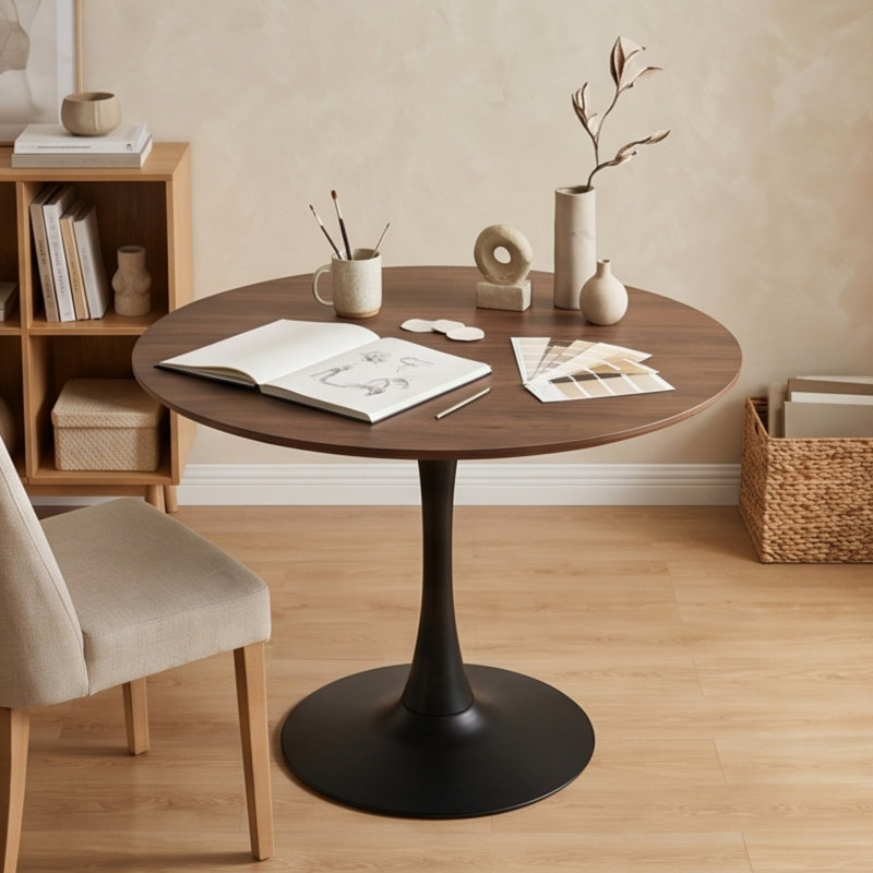 Table de salle à manger ronde 31,5 po Tulip, H 29,1 po x L 31,5 po x l 31,5 po, Noyer, Noir