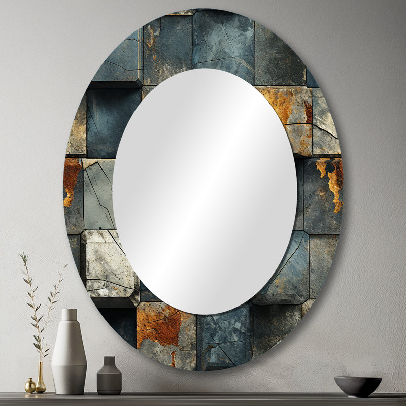 Grey Cubic Striped Wall Pattern - Gray Mid-Century Oval Wall Mirror, 43" H x 33" W
