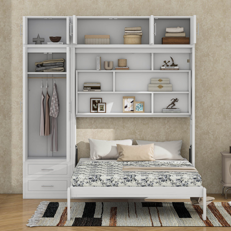 Grand lit escamotable avec armoire et armoire, Blanc