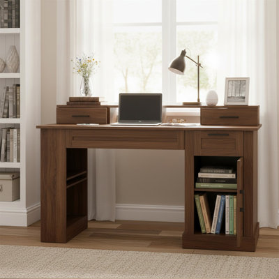 55" Farmhouse Office Desk With Storage Cabinet & Charging Station (Not Include Stools)