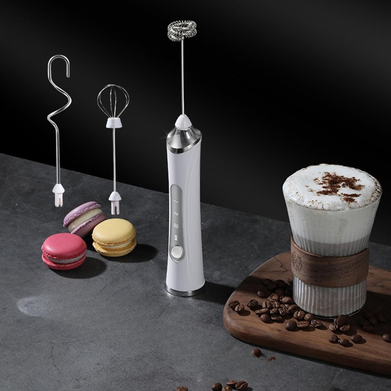 Rechargeable Milk Frother 3-Speed Fast Handheld Mixer For Cream Lattes, White