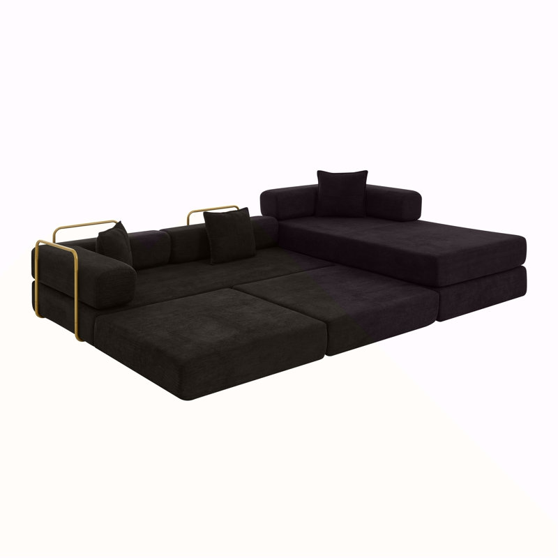 Canapé modulaire de 108 po avec méridienne en forme de L, canapé-lit désossé à assise profonde, canapés à compression en éponge sans assemblage, canapé-lit pliant moderne avec dossier amovible (noir)