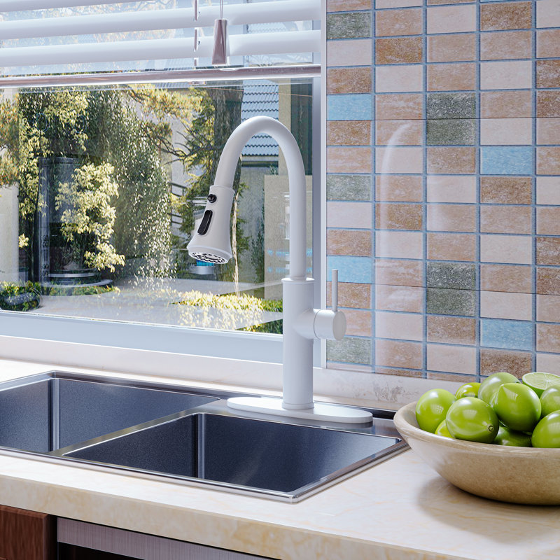 Robinet de cuisine rétractable à poignée simple avec distributeur de savon, Blanc