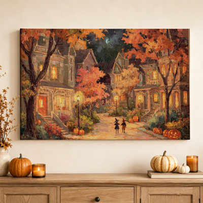Scène de rue automnale - Tableau mural paysage urbain aux couleurs d'automne, impression sur toile tendue de 40,6 cm (H) x 61 cm (L), prête à être accrochée dans le salon, la salle à manger ou le bureau à domicile.