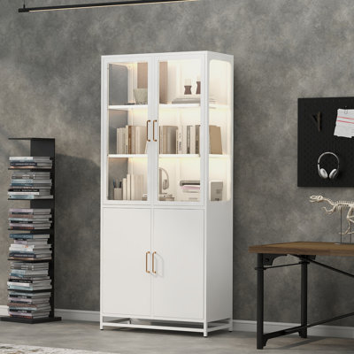 Modern Steel Display Cabinet with LED Lighting and 3-Sided Glass