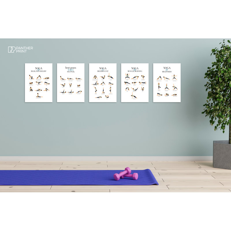 Yoga Poses For Full Body Workout Home Gym - 5 Piece Wrapped Canvas Print Set, 42cm H x 29.7cm W