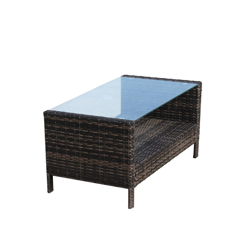 Patio Furniture Coffee Table With Brown And Tempered Glass, 34.6X20.5X17.7Inch, , Assemble Without Difficulty Effortlessly