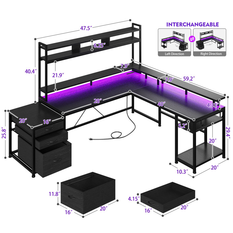 Mobean L-Shaped Computer Desk with Power Outlet, Black
