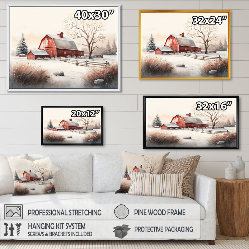 Calm Red Barn In Winter V - ferme / campagne, art mural sur toile, H 16 po x l 32 po x P 1 po, Cadre flottant doré