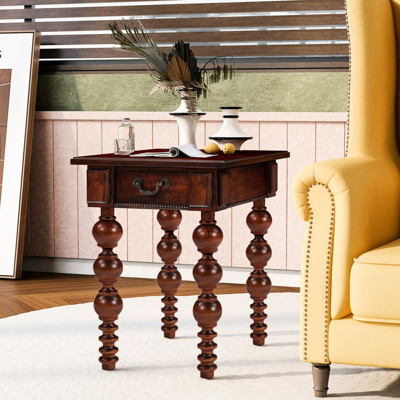 Table d'appoint antique en noyer massif avec tiroir, montage rapide pour chambre ou salon, plateau plaqué, pieds couleur gaufrée, idéale dans un coin cuisine, pieds tournés