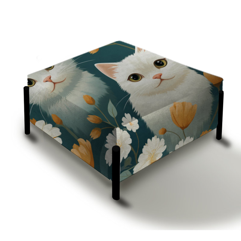 Motif de chat Blossoms sarcelle et blanc pour enfant - grand repose-pieds carré imprimé animal