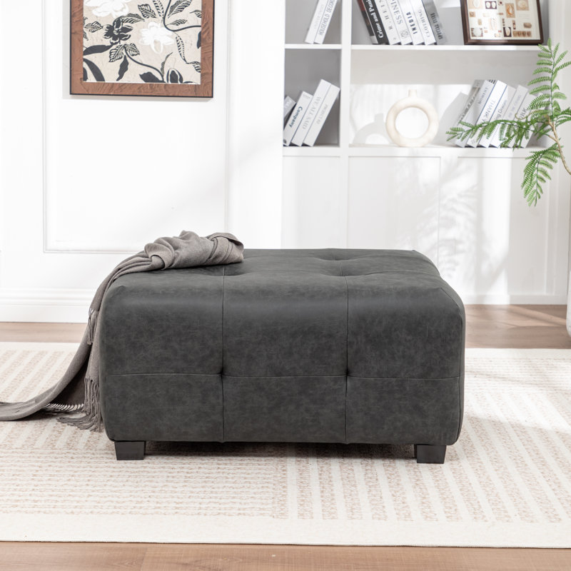 Ashyiah 32'' Wide Upholstered Tufted Ottoman, Vintage Black Polyester