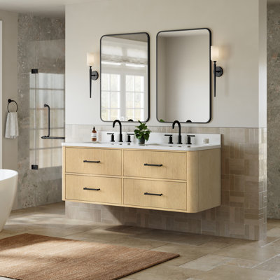 Francesca WM 60 Inch Double Wall Mounted Bathroom Vanity in Scandinavian Oak, Rounded Giotto Quartz Countertop, Undermount Square Sinks (3-Hole), Matte Black Trim
