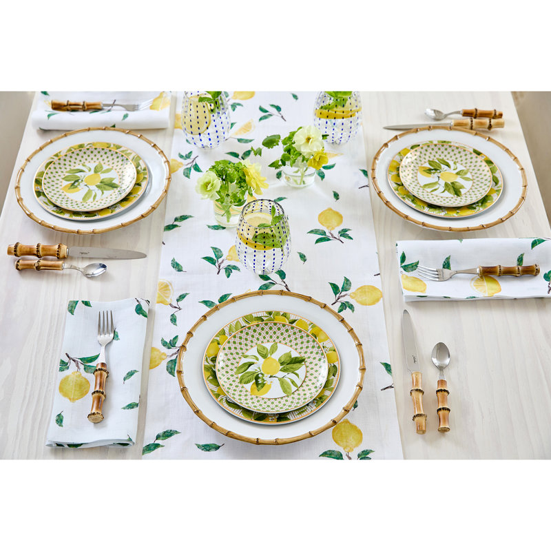 Botanical Lemon - 100% Pure Linen Table Runner, Botanical Lemon/White, 36" x 14"