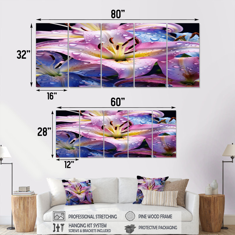«Magenta Lily Flower Morning Dew Droplets II», art mural 5 pièces, H 28 po x l 60 po