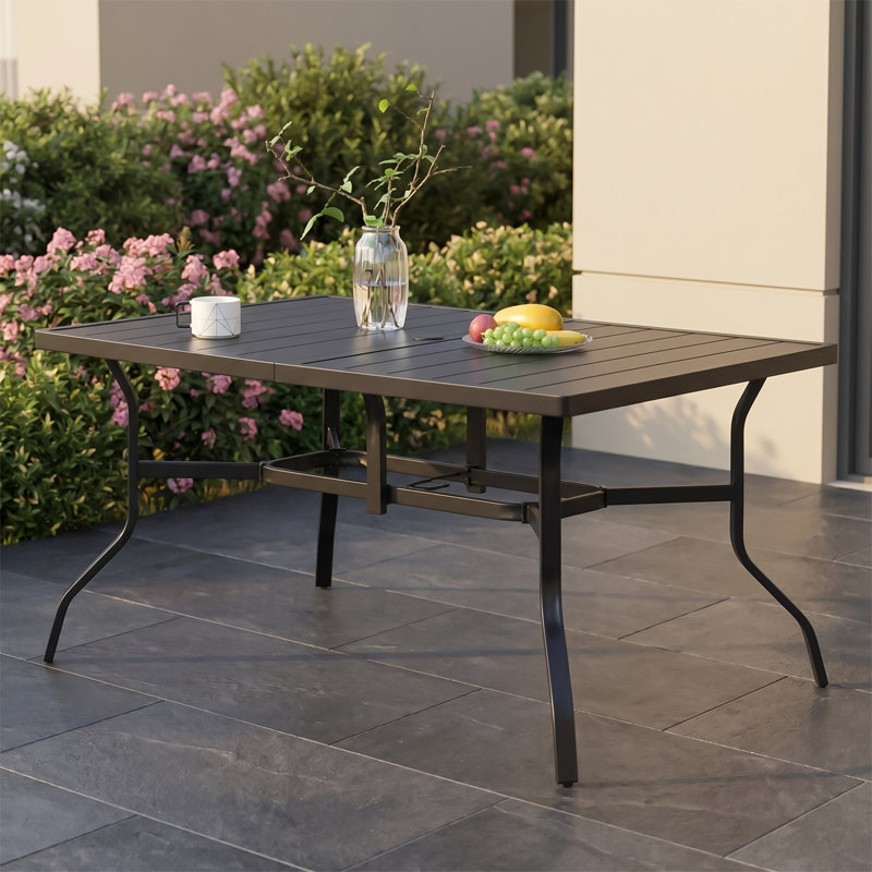 Rectangular Steel Frame Black Outdoor Dining Table With Umbrella Hole